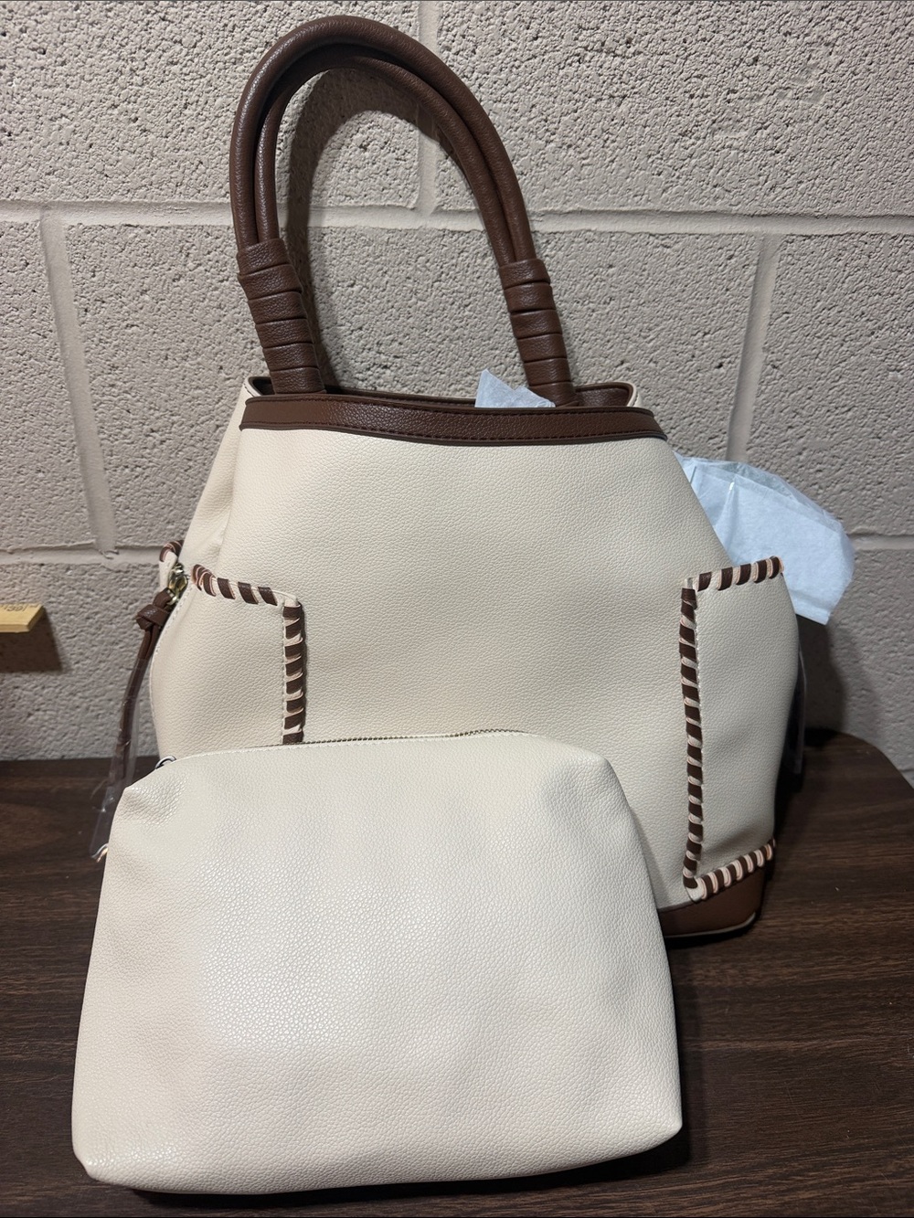 Cream and Brown Two-Tone Tote with Matching Pouch